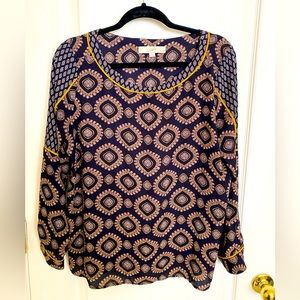 Loft blouse, Size LP, navy blue, yellow, white, and tan in color.